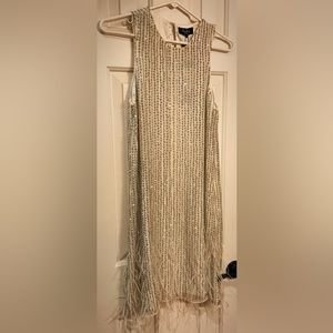 White Short dress with silver beading and feathers at the bottom.